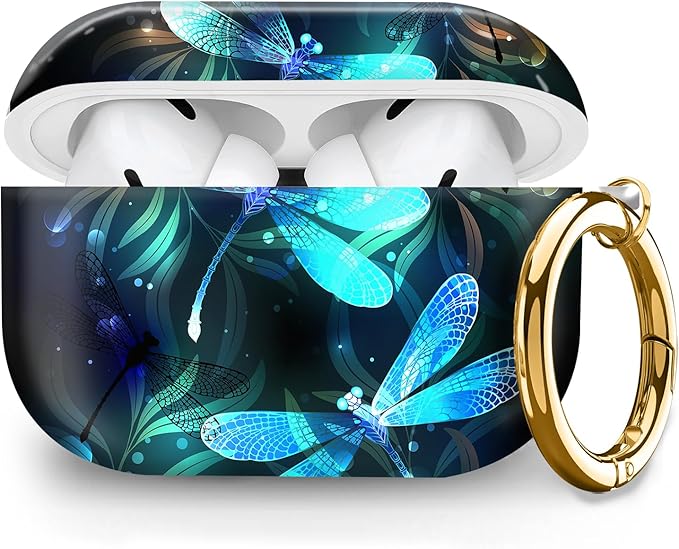 Compatible with Airpod pro 2nd/1st Generation Case Cover with Gold Round Keychain Cute Pattern Hard & Anti Slip Cover for Men Women & Girls(Cute Dragonfly)