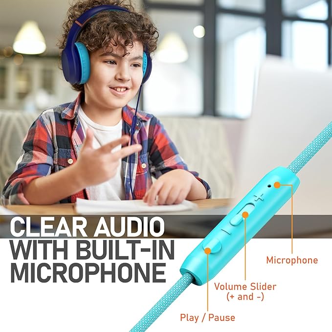 FosPower Kids Headphones with 3.5mm Laced Cables, Children & Teens Over The Ear Foldable Adjustable Headset w/Built-in Mic for Smartphones/PC/Tablet/Laptop/School (Max Volume 85dB) - Mint/Pink