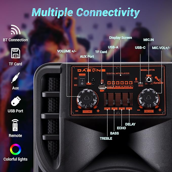 Wireless Bluetooth Party Speaker with Dual 12 Inches Woofers, Portable Karaoke Speaker System, Microphone & Remote, RGB LED Lights, Karaoke Machine with Bass, AUX/USB/TF/TWS/Echo, FM Radio