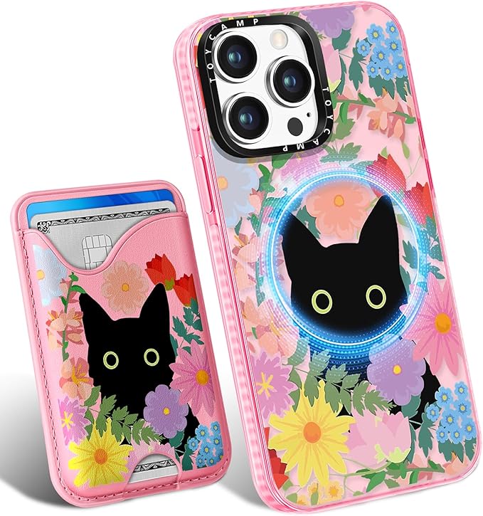 Toycamp for iPhone 13 Pro Max Case - Compatible with Magsafe Credit Card Holder Wallet Magnetic Cute Women Teen Girls Kawaii Girly Unique Cat Flower Design Phone Cover for iPhone 13 Promax