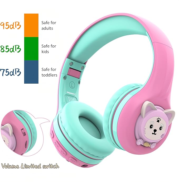 Riwbox CB-7S Kids Wireless Headphones,with Safe Volume Control 74/85/95dB,LED Glow Lights,50H Playtime,Bluetooth V5.3,Built-in Mic, TF Card Slot,for Travel/School/Phone/Laptop (Pink&Green)