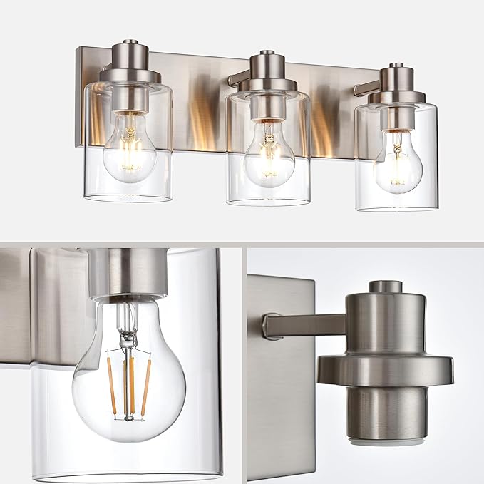 3 Light Bathroom Vanity Light - Brushed Nickel, Modern Farmhouse Style with Clear Glass Shade, Over Mirror Lighting Fixture