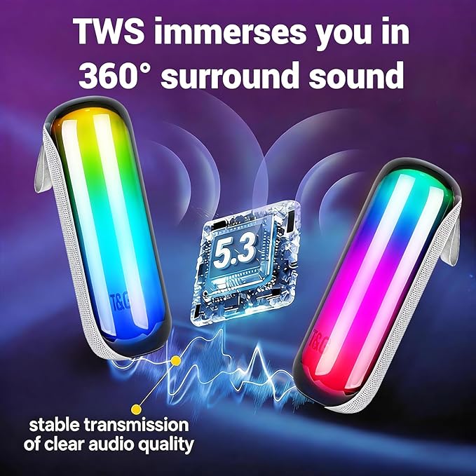 T&G Bluetooth Shower Speaker, Portable Wireless Speaker with Deep Bass & Cool Lights, IPX4 Waterproof, TWS Pairing, Perfect Stocking Stuffer for Men, Women, Teens, Boys & Girls