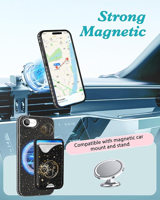 Toycamp for iPhone 16e Case 6.1 Inch - Compatible with Magsafe Credit Card Holder Wallet Magnetic Cute Women Teen Girls Kawaii Girly Unique Sun Moon Design Phone Cover for iPhone 16e