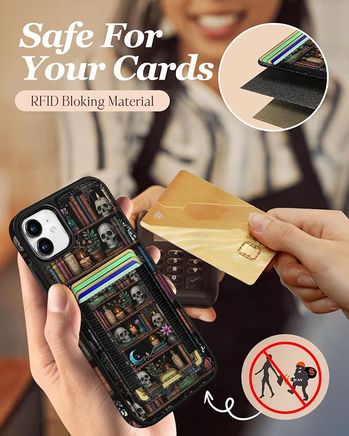 Shorogyt for iPhone 11 Wallet Case - Fits 5 Cards, Compatible with Magsafe Detachable Magnetic Credit Card Holder Leather Cardholder Cute Phone Cover Women Girls for Apple 11, Bookshelf