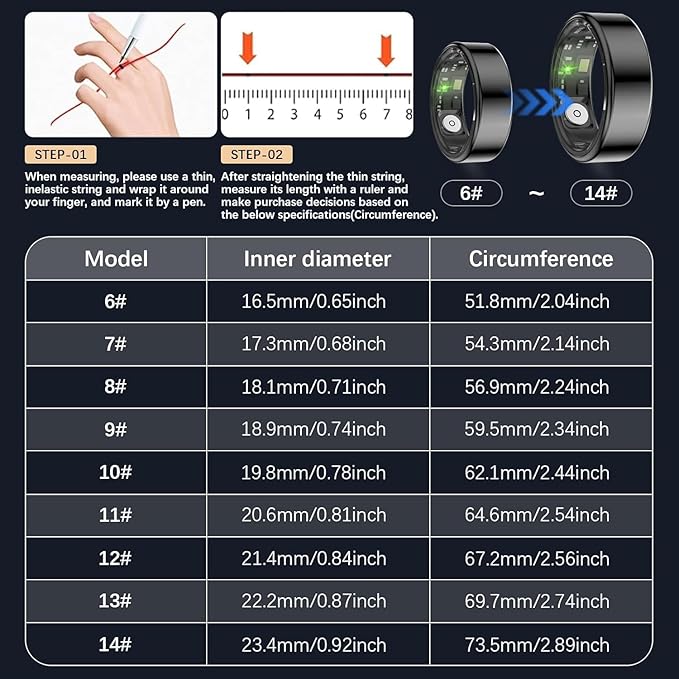 Health Tracker Ring, Smart Health Ring for Women Men with Heart Rate, Blood Oxygen, Sleep Monitor, Steps,Calories, No Subscription Fee, IP68 Waterproof Smart Ring for iphone & Android (Black, 10#)