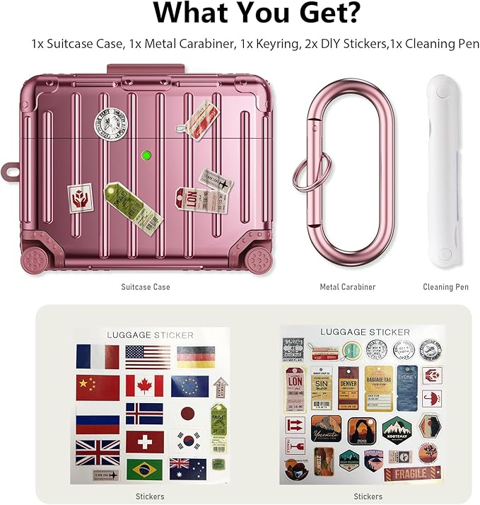 Filoto Compatible with Airpods Pro 3 Case 2025, Cute Fashion Suitcase Design for Airpods Pro 3rd Generation Case Cover, Shockproof Protective Hard Case with Keychain/Cleaner Kit (Rose Gold)