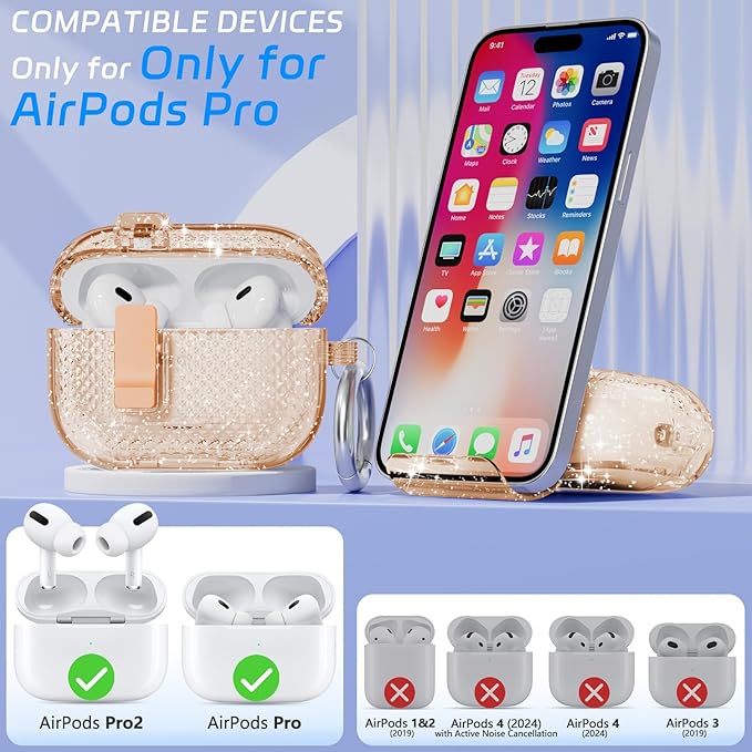 for AirPods Pro 2 Case with Phone Stand & Secure Lock, Auto-Open Clear Cover Compatible with Apple AirPods Pro 2nd/1st Gen (2023,2022,2019) with Cleaning Kit & Keychain (Shine-Clear Brown)