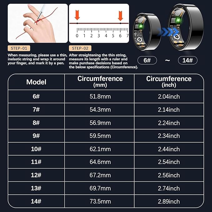 Ring Health Tracker for women Men, Fit Ring with Heart Rate, Blood Oxygen, Sleep Monitor, Calories, Step Counter, IP68 Waterproof Smart Ring for iPhone & Android.No Subscription Fee (Black, 12#)
