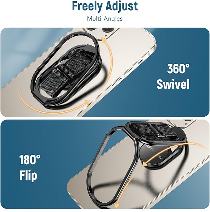 [2025 New] Mindsky Phone Grip for Kickstand Compatible with Finger Loop, 3-in-1 Phone Ring Holder Strap for All Mobile Phones-Black (Ligament Type) (3 in 1 Phone Ring Holder) (3M Adhesive Phone Ring)