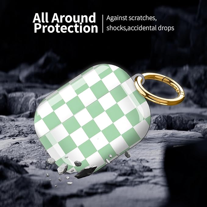 Compatible with AirPod Pro 3 (2025),Cute Case Cover for Women & Men, Full Protection Shockproof Hard Case with Keychain, Wireless Charging Case Accessories(Green White Checkered)