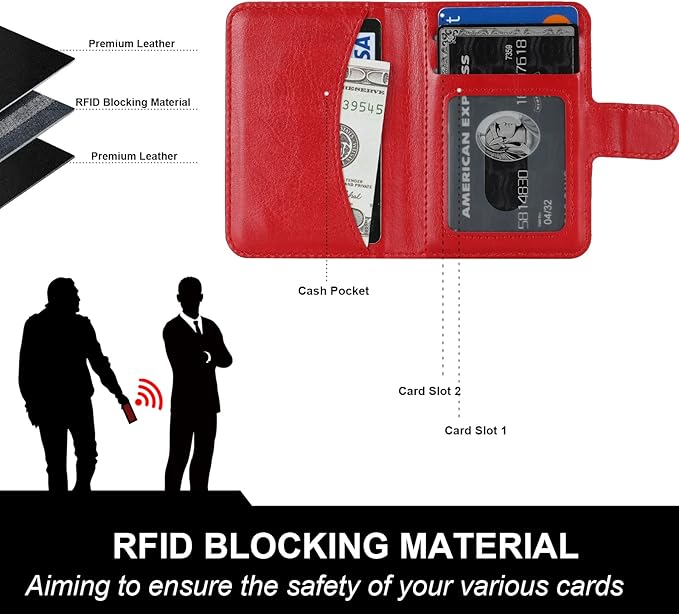 Bocasal for MagSafe Wallet Magnetic Card Holder, RFID Blocking Leather Card Slots for iPhone 17/16/15/14/13/12 Pro/Max/Plus/Air, Adjustable Kickstand Flip Mag Safe Wallet (Red)