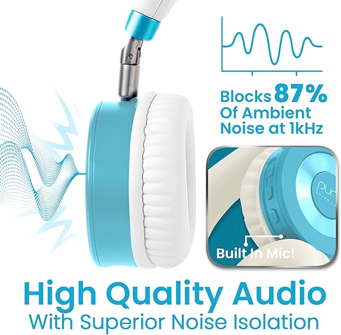 Puro Sound Labs JuniorJam Plus Volume-Limiting Wireless Bluetooth Headphones for Kids, Secure Audio with Adjustable On-Ear Design, 22-Hour Battery Life, Ideal for Tablets, Smartphones & PCs - Teal