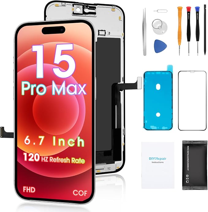 for iPhone 15 Pro Max Screen Replacement 6.7', 3D Touch Display Full Repair kit, Digitizer Assembly with Tools Set, Tempered Glass, Instruction