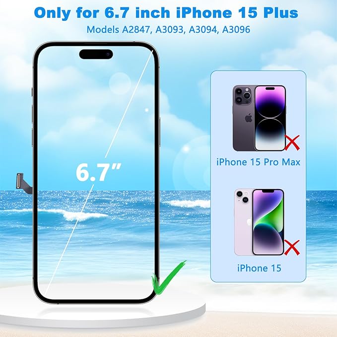 for iPhone 15 Plus Screen Replacement Black 6.7 Inch, LCD Touch Digitizer Complete Display for A2847, A3093, A3096, A3094,with Waterproof Seal+Tempered Glass+Repair Tools