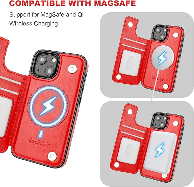ONETOP Compatible with Magsafe for iPhone 13 Mini Wallet Case with Card Holder, PU Leather Kickstand RFID Blocking Case, Double Magnetic Clasp and Durable Shockproof Cover 5.4 Inch (Red)