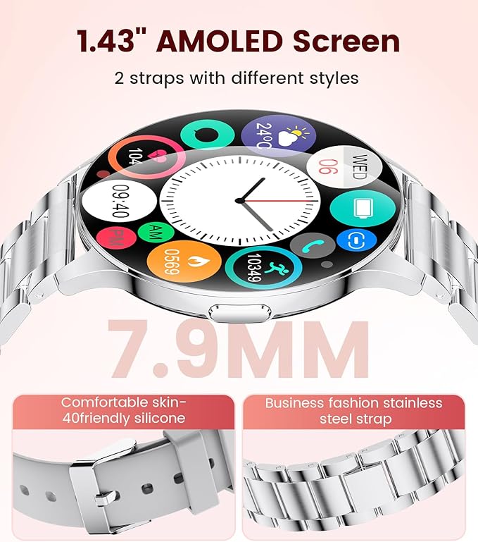 LIGE Smart Watches for Women, Call/Reminders, 1.43" AMOLED Ultra-Thin Activity Trackers with Heart Rate/Sleep/SpO2 Monitor, 100+ Sports Modes Fitness Watch for iOS Android, Silver Steel