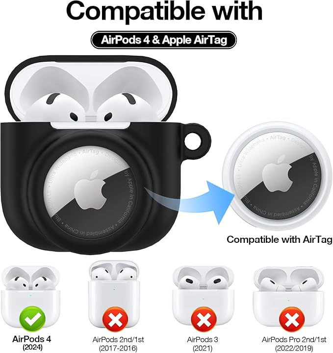 2 in 1 Silicone Case Compatible with AirPod 4 and AirTag 2/1, Shockproof Protective Skin Cover for AirPods 4th Generation with Cleaner Kit & Carabiner (Black)