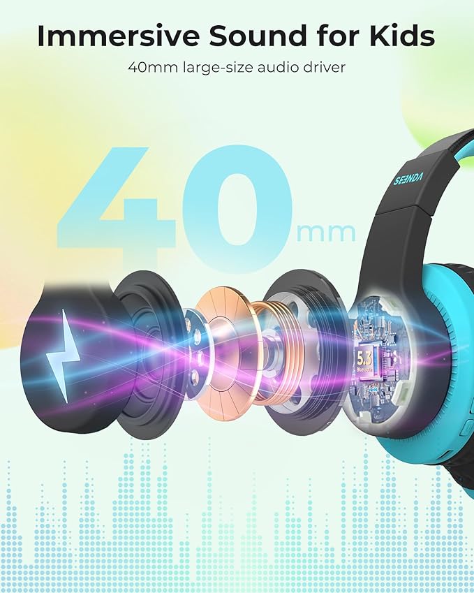 seenda Kids Bluetooth Headphones Boys, JCH-01 Kids Wireless Headphones for School, 85/94dB Volume Limited, 45H Playtime, 3 Lighting Modes, Built-in Mic Headset with Aux Cord for iPad/Tablet/Travel