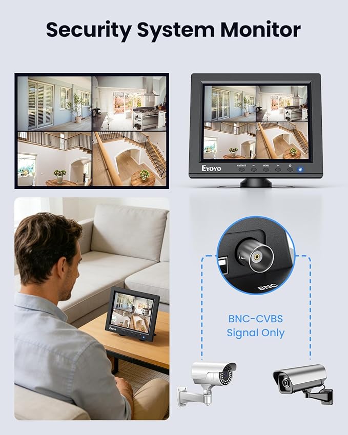 Eyoyo 8" Security Camera Monitor, 1024x768 4:3 Mini TFT LCD Screen NVR CCTV Monitors Display with HDMI VGA BNC AV USB Input, Small Video Monitor for DVD TV Box Computer Server PC Raspbery pi