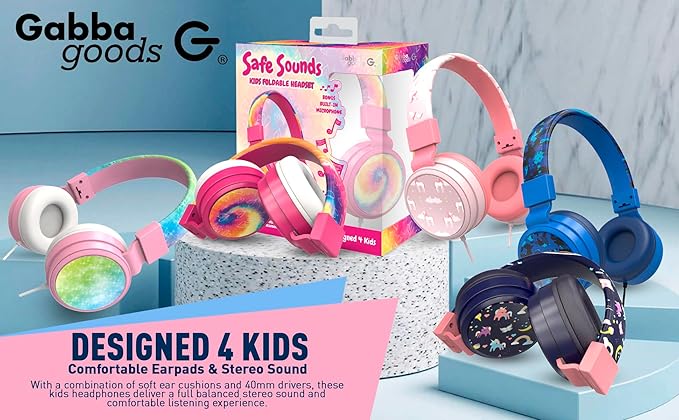 Gabba Goods Kids Safe Headphones, Foldable Tangle-Free 3.5mm Jack, Volume Limiting 85/94dB, Over-Ear with Microphone for School/Toddlers/Teens/Boys/Girls/Ipad/Tablet/Kindle/Phones/Travel/Plane