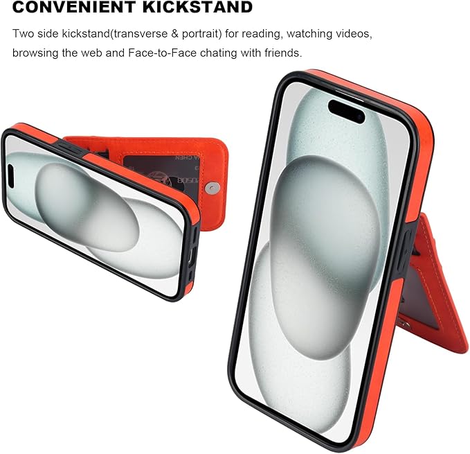 KIHUWEY Compatible with iPhone 15 Case Wallet with Credit Card Holder, Flip Premium Leather Magnetic Clasp Kickstand Heavy Duty Protective Cover for iPhone 15 6.1 Inch (Orange)