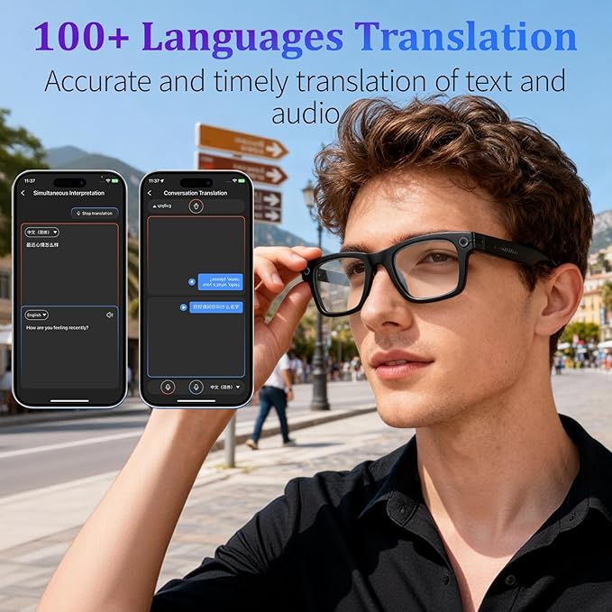 AI Smart Glasses with 8MP Camera, 4K Video & HD Photo, Bluetooth Audio, AI Voice Assistant, Real-Time Translation, Object Recognition, Noise-Cancel Calls, Photochromic +2 Sunglasses Lenses