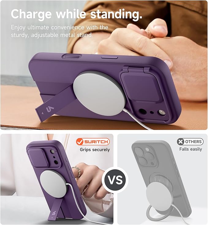 SURITCH for iPhone 17 Pro Case with Camera Control Cover, Camera Cover and Adjustable Kickstand, Compatible with MagSafe, Shockproof Bumper Protective Cases 6.3 Inch, Dark Purple