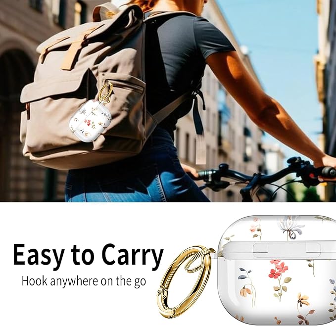 Cute Hard Case Compatible with AirPods Pro 3rd Generation Case (2025), Shockproof Protective Cover with Golden Keychain Ring Clip (Abstract Wildflowers and Plants)
