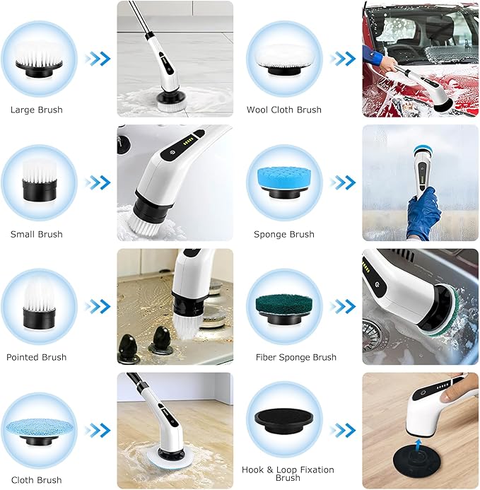 Electric Spin Scrubber, IPX7 Waterproof Cordless Cleaning Brush with 8 Replaceable Brush Heads, 2 Speed Shower Scrubber with Long Handle for Bathroom Tub Tile Floor