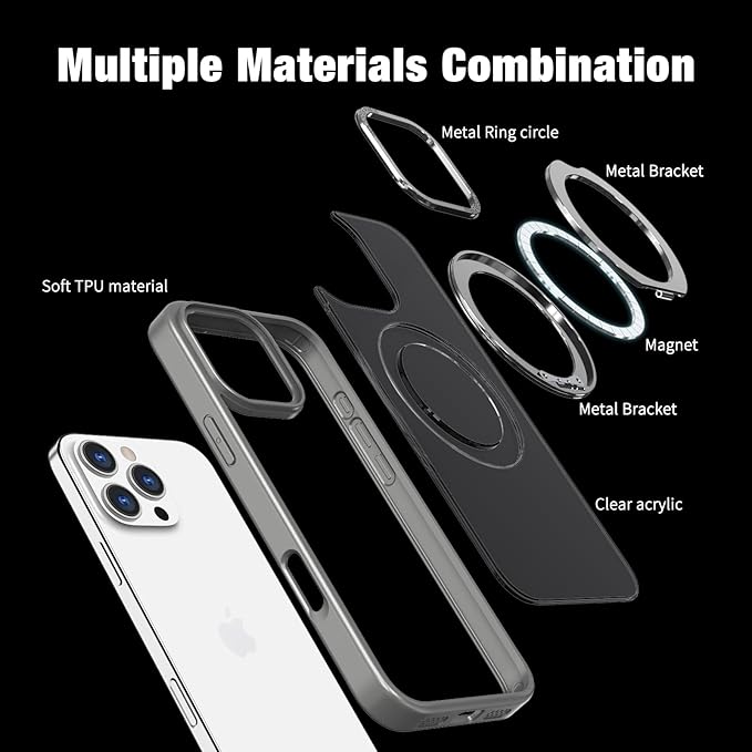 for iPhone 16 Pro Max Case with Screen Protector & Lens Protector [15 FT Military Drop Protection] Magnetic Kickstand Compatible with MagSafe Slim Translucent Case (Titanium Grey)