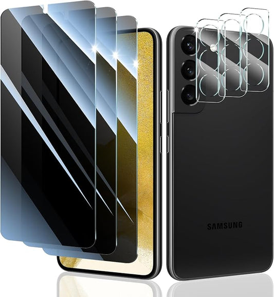 Privacy Screen Protector & Camera Lens Protector for Samsung Galaxy S22, Anti-Spy Tempered Glass, Dark Private Black Protection, 9H Hardness Anti-Scratch Double Shatterproof Case-Friendly, 3 Pack Each