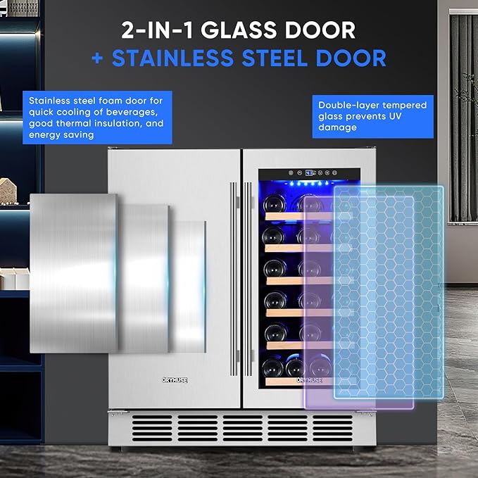 30" Stainless Steel Wine & Beverage Refrigerator - Dual Zone, Built-in/Freestanding with Upgraded Cooling - 30 Bottles & 110 Cans Capacity