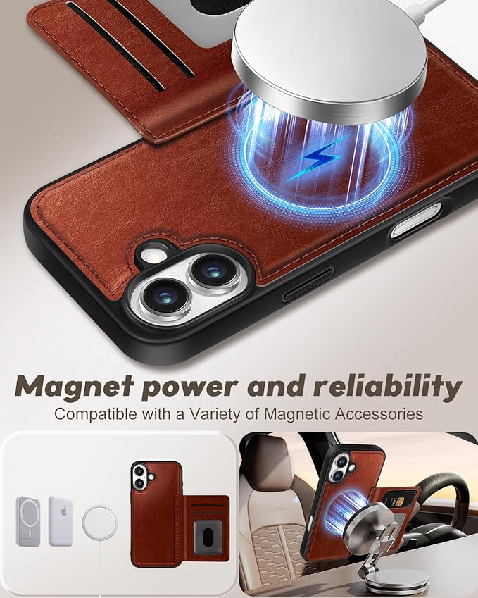 for iPhone 17 Case with Wallet - Fits 4 Card Slots, Compatible with MagSafe for Women Men Durable PU Leather Credit Card Holder Kickstand Phone Cover for Apple 17, Brown