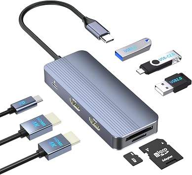 Docking Station Dual Monitor for Dell/HP/Lenovo Laptop, Dual HDMI Adapter for 2 Monitors, 8 in 1 USB C Docking Station with HD/USB/PD/SD/TF, HDMI Splitter for Dual Monitors Extended Display