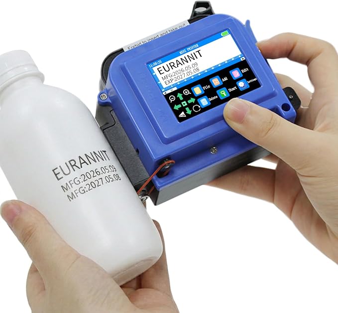 E11-1 Mini Handheld Inkjet Printer with External Conveyor Wheel & Nozzle Cap - 1" Print Height for Bottles, Curved & Flat Surfaces, Portable for Text, Date, QR Code, Includes ER521 Ink
