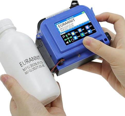 E11-1 Mini Handheld Inkjet Printer with External Conveyor Wheel & Nozzle Cap - 1" Print Height for Bottles, Curved & Flat Surfaces, Portable for Text, Date, QR Code, Includes ER521 Ink
