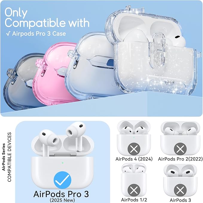 Clear Case for AirPods Pro 3 Case Cover with Safety Lock,Soft TPU Cover with Phone Stand & Cleaning Kit,Cute Bling Keychain for Women Girls-Glitter White