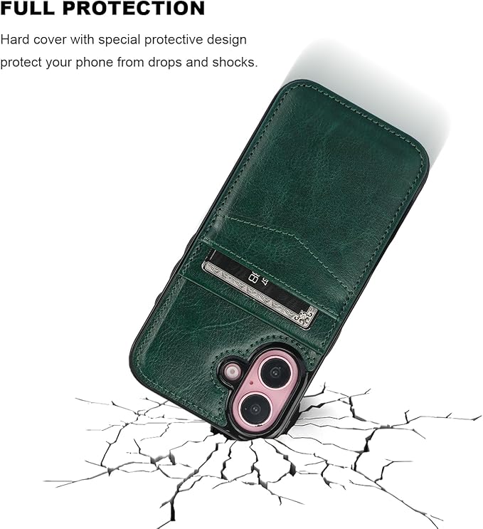 KIHUWEY Compatible with iPhone 16 Case Wallet with Credit Card Holder, Flip Premium Leather Magnetic Clasp Kickstand Heavy Duty Protective Cover for iPhone 16 6.1 Inch (Dark Green)