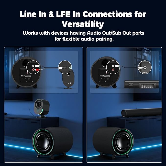 Powered Subwoofer, 100W Peak Sub with DSP, 6.5’’ Subs with Infinity Mirror - 3D Tunnel Light, 6 LED Home Theater Subwoofers, 40Hz-250Hz, Class-D Amp, Low Pass dial, Phase Switch
