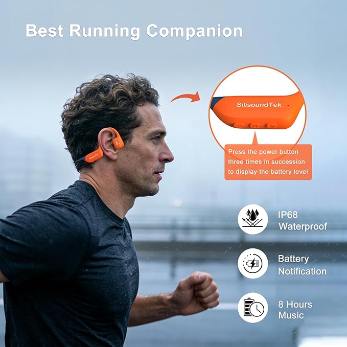 6.0 Bluetooth Swimming Headphones, IP68 Waterproof Bone Conduction Headphones, Liquid Silicone Wireless Open Ear Headphones, Built-in 32GB MP3 Player Underwater Headphone for Running(Orange-gray)