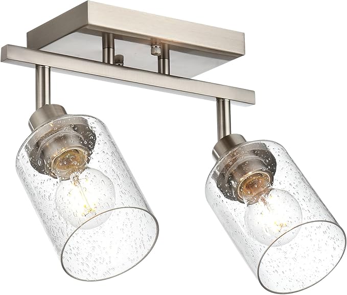 2-Light Brushed Nickel Kitchen Track Lighting Fixtures Ceiling Mount Track Lighting Kit with Bubble Seeded Glass Shade Modern Bathroom Tracking Vanity Lights Ceiling Tracking Accent Shop Light