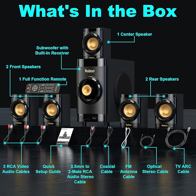 Bobtot Home Theater System Small 4" Subwoofer 200W 5.1/2.1 Channel Surround Sound System with ARC Optical Bluetooth Input