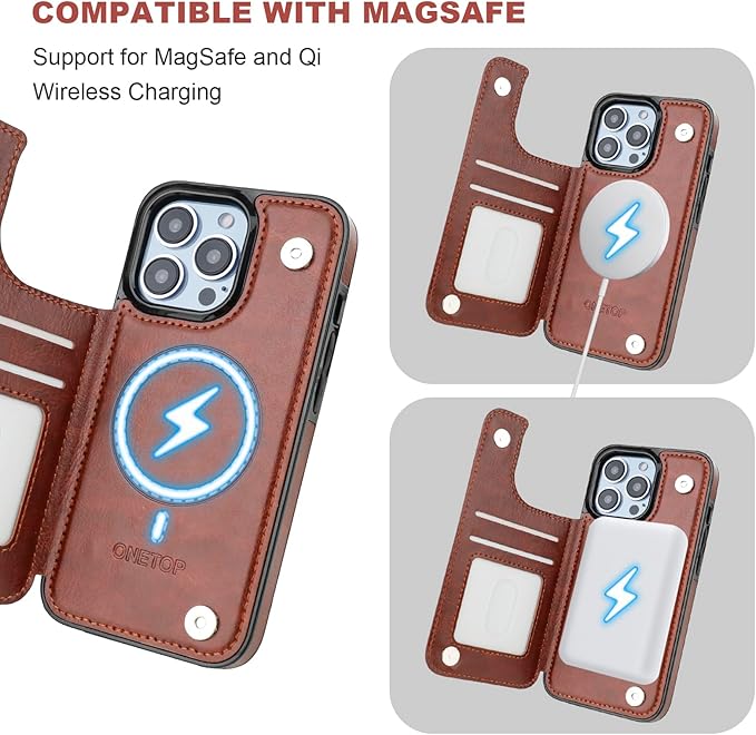 ONETOP Compatible with Magsafe for iPhone 13 Pro Wallet Case with Card Holder, PU Leather Kickstand RFID Blocking Case, Double Magnetic Clasp and Durable Shockproof Cover 6.1 Inch (Brown)