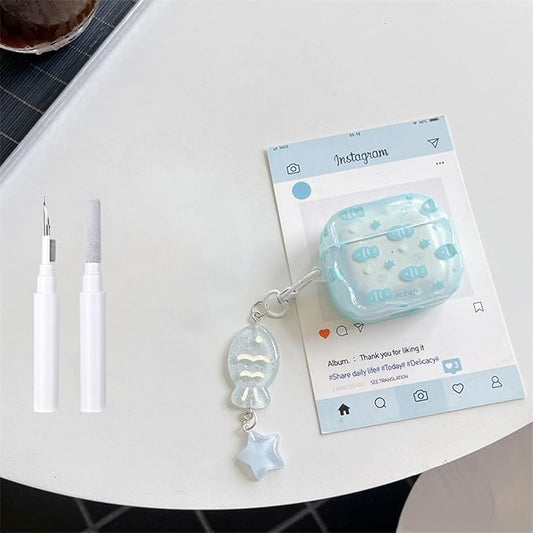 Compatible with AirPods Pro 3 Case Soft TPU with Cleaner Kit Creative Cute Fish Star Keychain Shockproof Cover for Airpods Pro 3rd Generation(2025) -Water Blue
