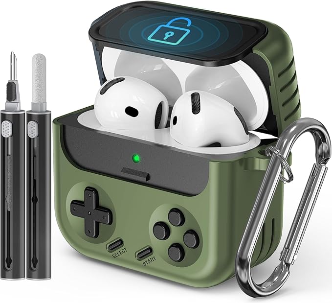 Inesore for Airpods 4 Case with Lock,Compatible with Airpods 4 with Active Noise Cancellation Cases,Classic Cool Funny Game Console Air pods4 Case Cover for Men Boy with Cleaner Kit(Green)