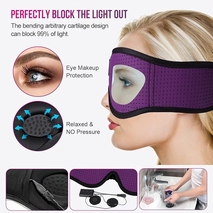MUSICOZY 3D Bluetooth 5.4 Sleep Headphones, Breathable Wireless Music Eye Mask, Sleeping Headphones with Headband for Side Sleepers, Women, Men, Air Travel, Unique Tech Gifts
