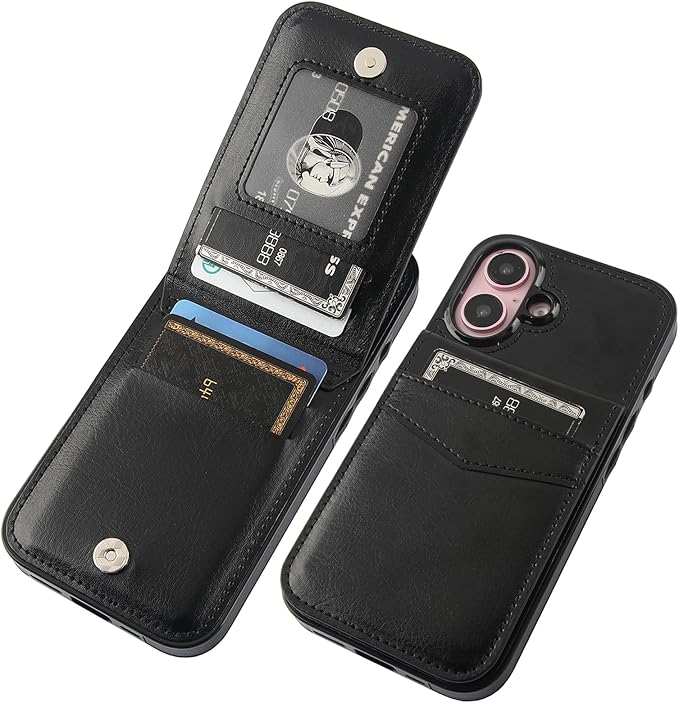 KIHUWEY Compatible with iPhone 16 Case Wallet with Credit Card Holder, Flip Premium Leather Magnetic Clasp Kickstand Heavy Duty Protective Cover for iPhone 16 6.1 Inch (Black)