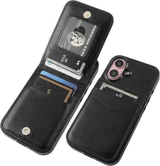 KIHUWEY Compatible with iPhone 16 Case Wallet with Credit Card Holder, Flip Premium Leather Magnetic Clasp Kickstand Heavy Duty Protective Cover for iPhone 16 6.1 Inch (Black)