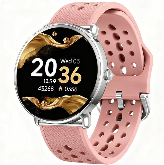 Smart Watch for Women Men, for Android iOS with Sleep & Calorie Monitor, Pedometer Fitness Tracker, Bluetooth Call, IP68 Waterproof, 112+ Sport Modes Round Face Smartwatch (Baroque Pink)